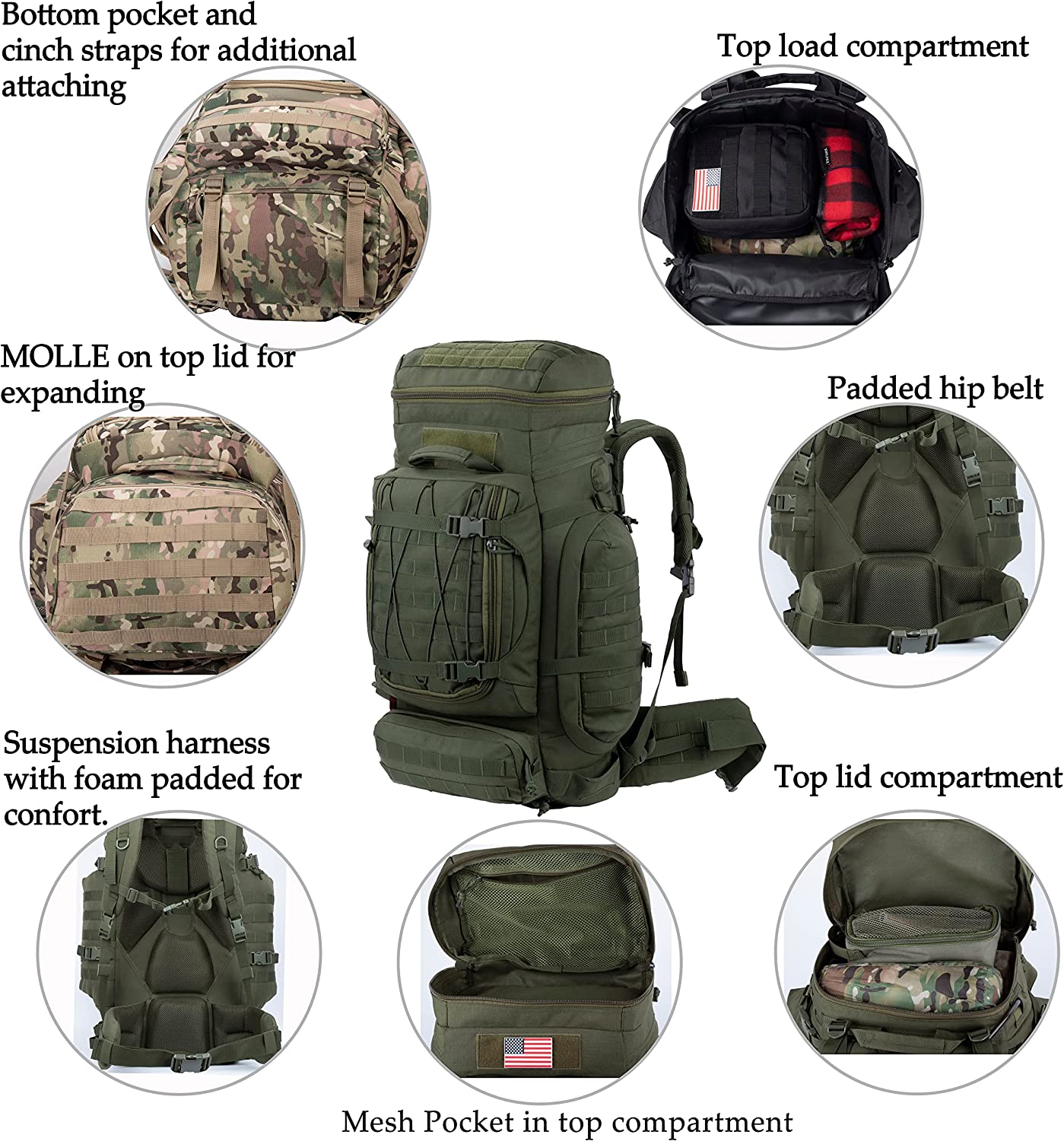  Sac à dos à cadre interne sac à dos militaire pour randonnée randonnée Camping 70L #15165